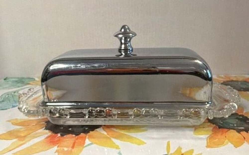 Vintage Glass Butter Dish Chrome Lid Mid Century Kitchen Decor